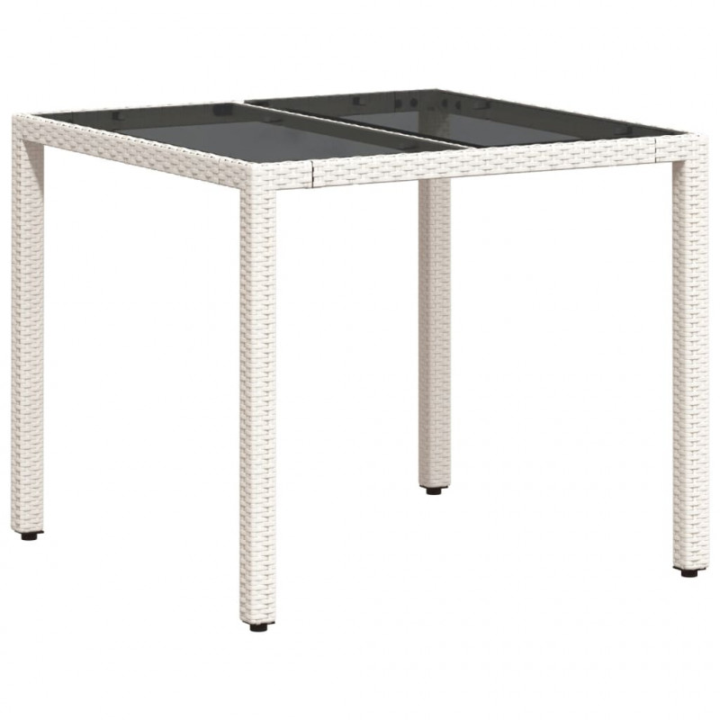 Stół ogrodowy ze szklanym blatem, biały 90x90x75 cm, polirattan