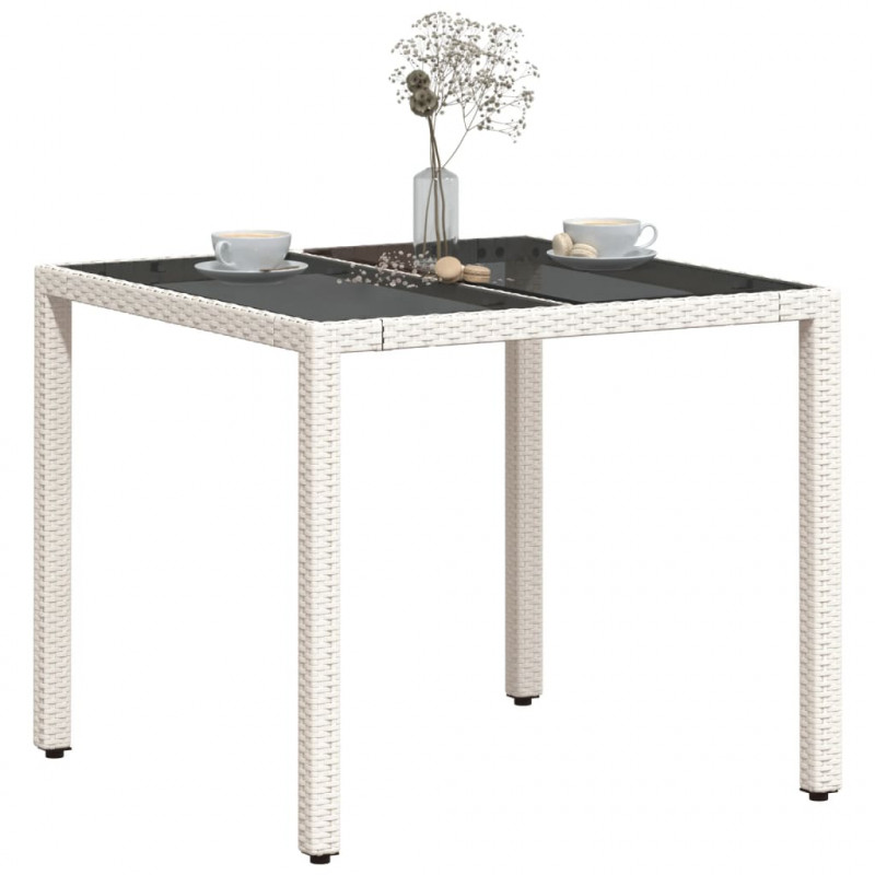 Stół ogrodowy ze szklanym blatem, biały 90x90x75 cm, polirattan