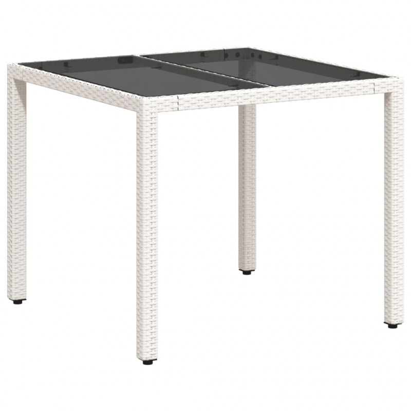 Stół ogrodowy ze szklanym blatem, biały 90x90x75 cm, polirattan