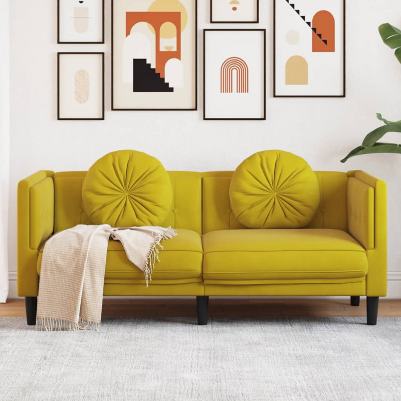 Sofa 2-osobowa z poduszkami, żółta, aksamit