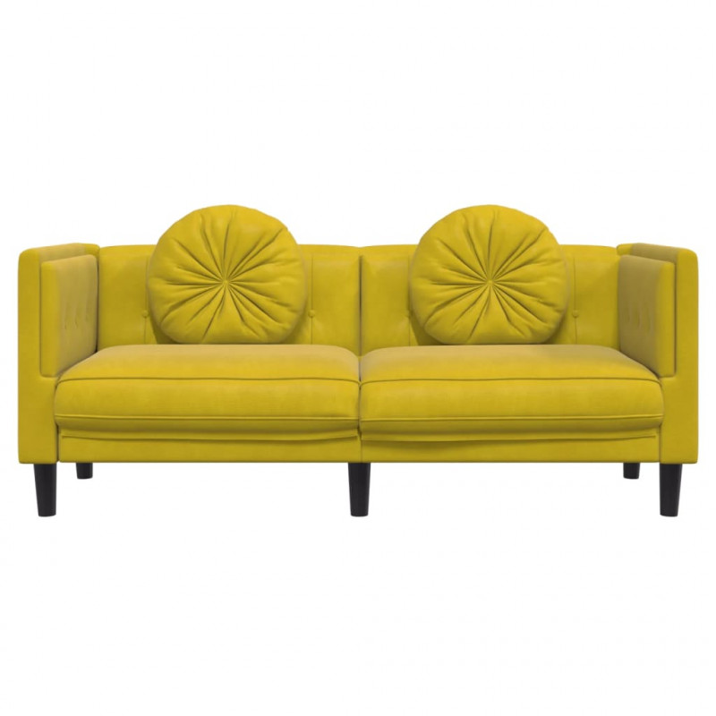 Sofa 2-osobowa z poduszkami, żółta, aksamit