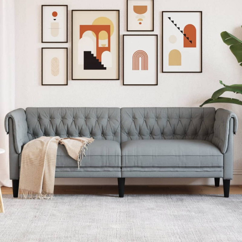 Sofa Chesterfield, trzyosobowa, jasnoszara, obita tkaniną