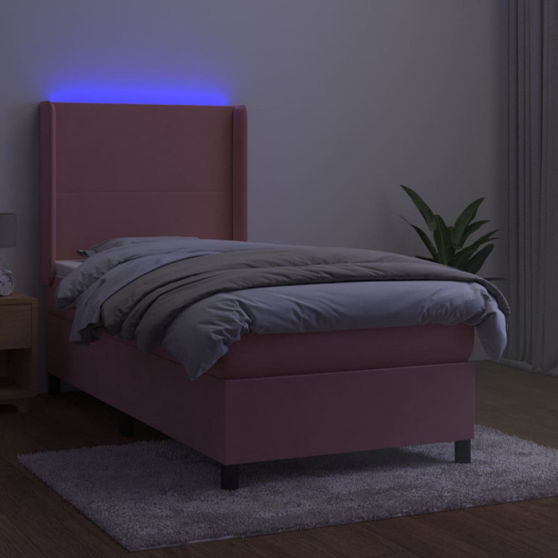 Łóżko kontynentalne z materacem i LED, różowy aksamit 100x200cm