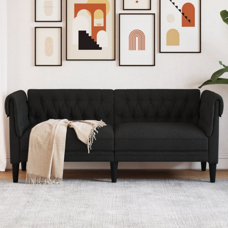 Sofa Chesterfield, dwuosobowa, czarna, obita tkaniną