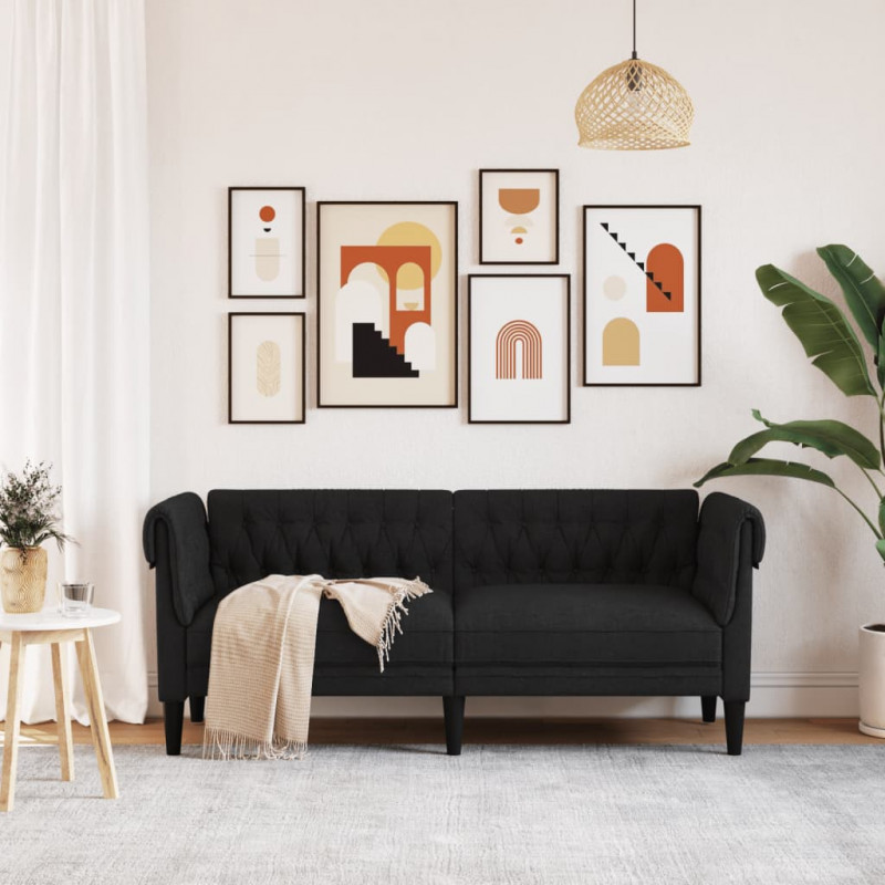 Sofa Chesterfield, dwuosobowa, czarna, obita tkaniną