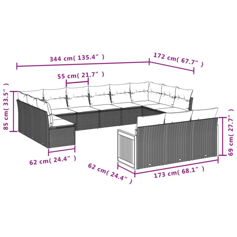 13-cz. zestaw mebli ogrodowych z poduszkami, szary, polirattan