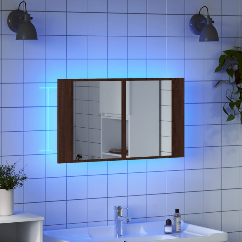 Szafka łazienkowa z lustrem i LED, brązowy dąb, 80x12x45, akryl