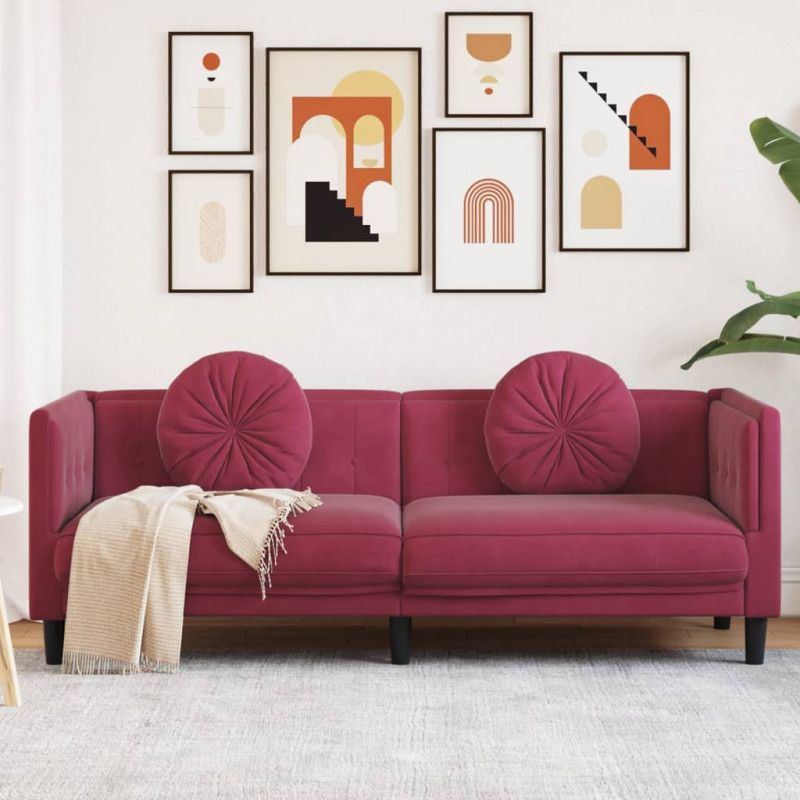 Sofa 3-osobowa z poduszkami, winna czerwień, aksamit