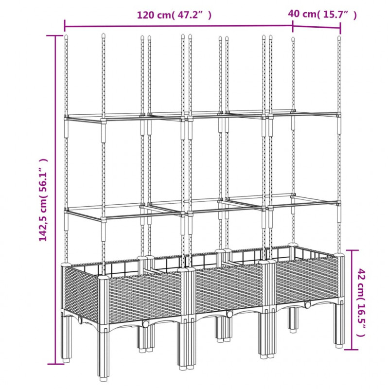 Donica ogrodowa z kratką, jasnoszara, 120x40x142,5 cm, PP