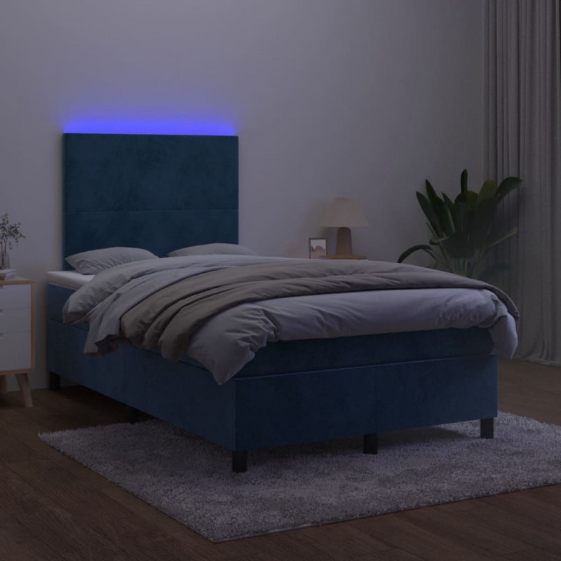 Łóżko kontynentalne z materacem i LED, granatowe, 120x190 cm