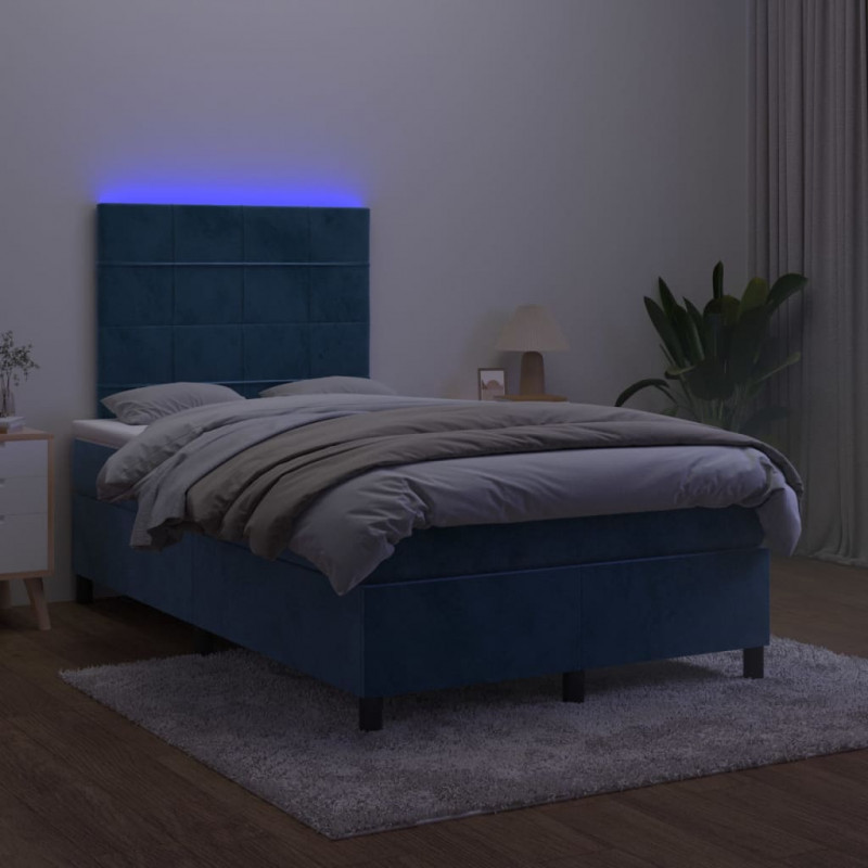Łóżko kontynentalne z materacem i LED, granatowe, 120x190 cm