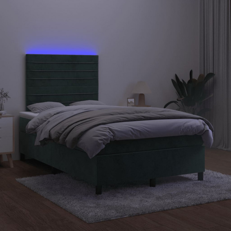 Łóżko kontynentalne z materacem i LED, ciemnozielone, 120x190cm