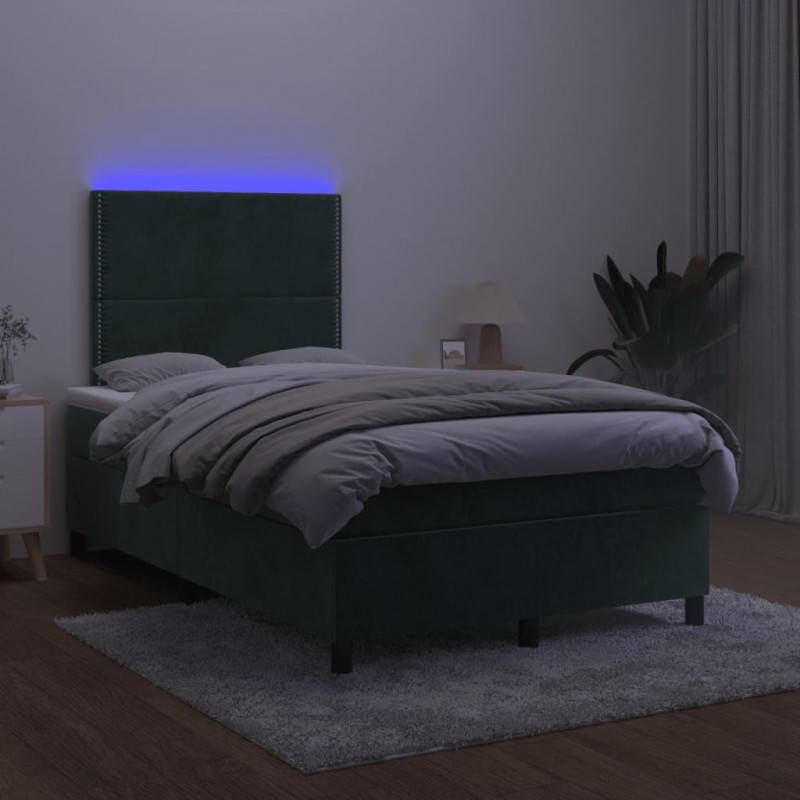 Łóżko kontynentalne z materacem i LED, ciemnozielone, 120x190cm