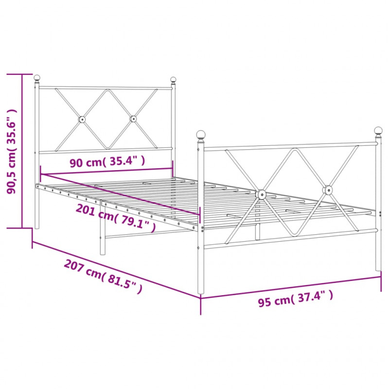 Metalowa rama łóżka z wezgłowiem i zanóżkiem, czarna, 90x200 cm