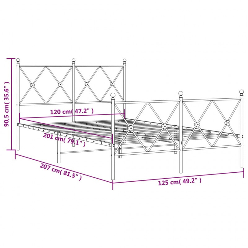 Metalowa rama łóżka z wezgłowiem i zanóżkiem, czarna, 120x200cm