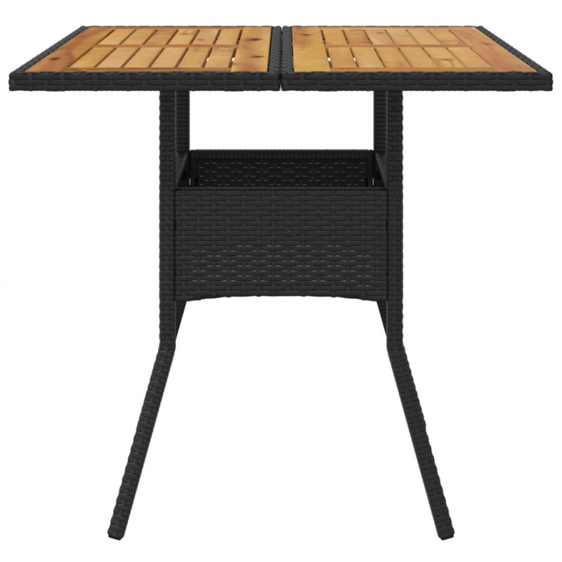 Stół ogrodowy z akacjowym blatem, czarny, 80x80x75cm, rattan PE