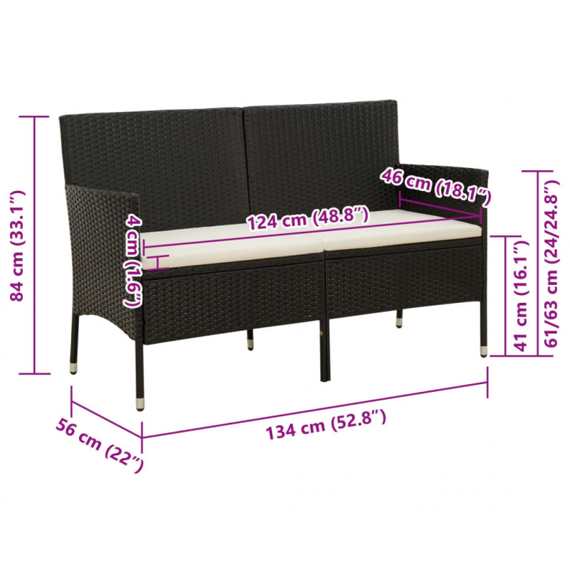 3-osobowa sofa ogrodowa z poduszkami, czarna, polirattan