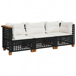 Sofa ogrodowa z poduszkami, 3-osobowa, czarna, polirattan
