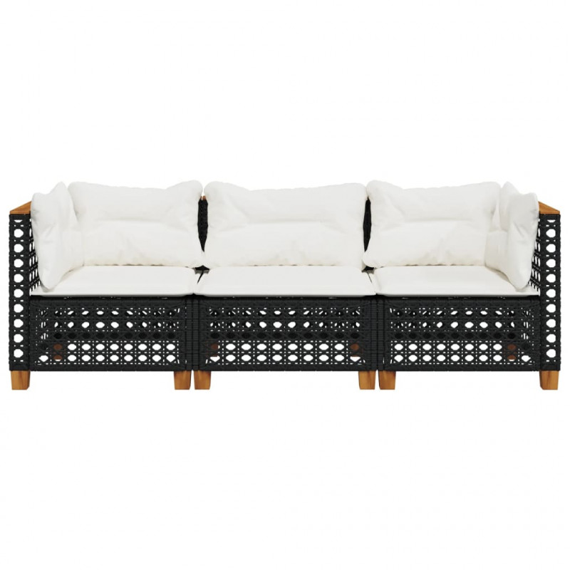 Sofa ogrodowa z poduszkami, 3-osobowa, czarna, polirattan