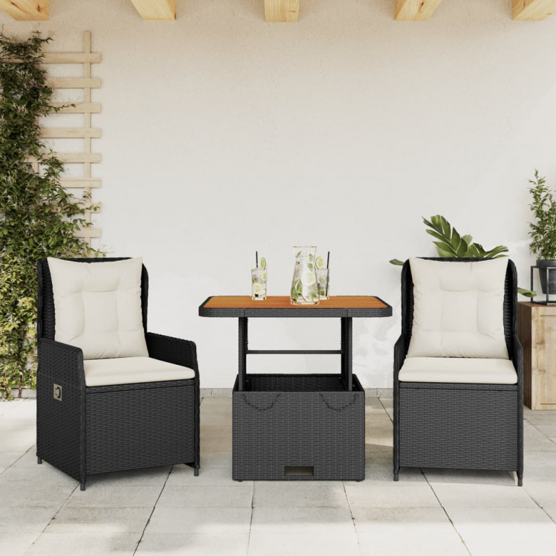 3-cz. zestaw mebli bistro z poduszkami, czarny, polirattan