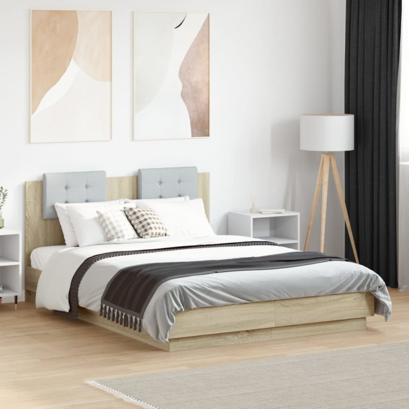 Rama łóżka z wezgłowiem i LED, dąb sonoma, 135x190 cm