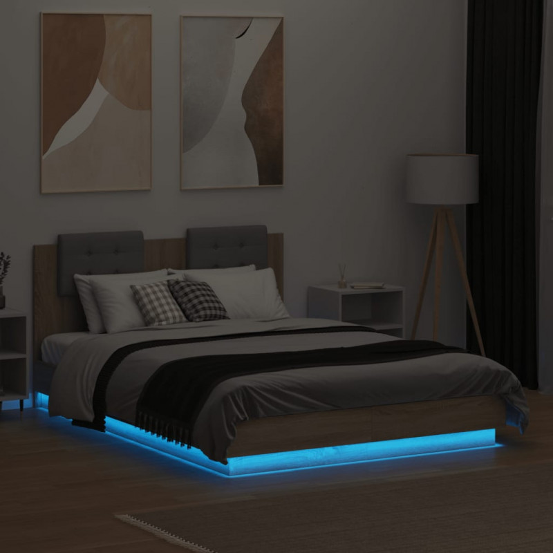 Rama łóżka z wezgłowiem i LED, dąb sonoma, 135x190 cm