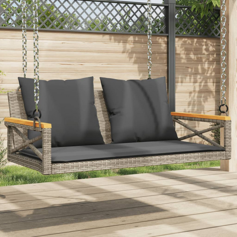 Ławka bujana z poduszkami, szara, 109x62x40 cm, polirattan