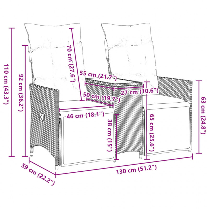 Rozkładana sofa ogrodowa ze stolikiem, 2-os., beż, rattan PE