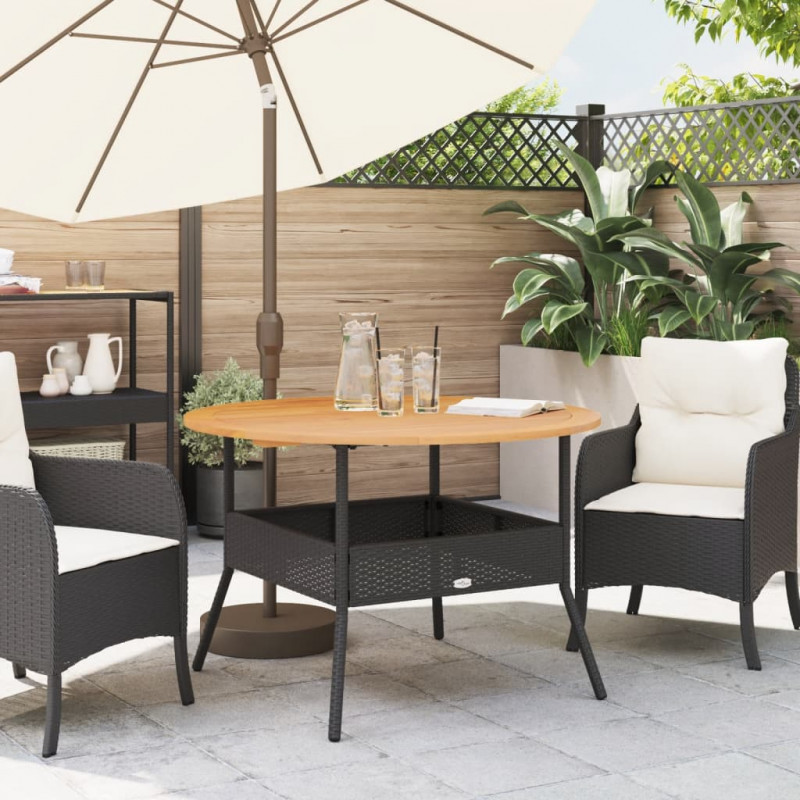 Stół ogrodowy z akacjowym blatem, czarny, Ø110x71 cm, rattan PE