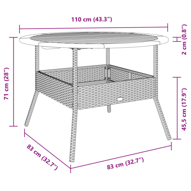 Stół ogrodowy z akacjowym blatem, czarny, Ø110x71 cm, rattan PE