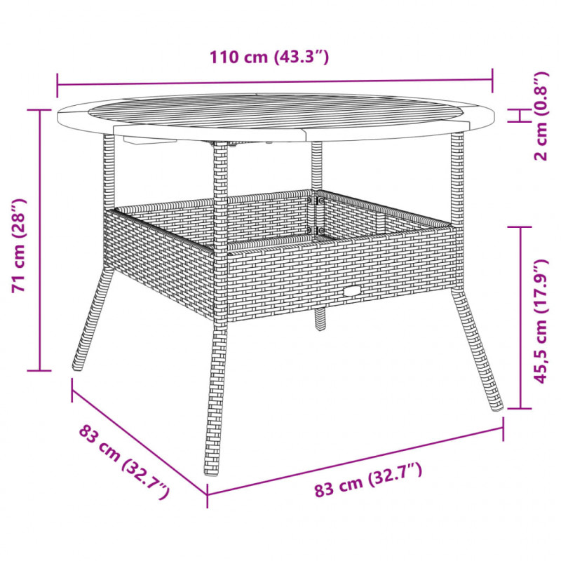 Stół ogrodowy z akacjowym blatem, beż, Ø110x71 cm, rattan PE