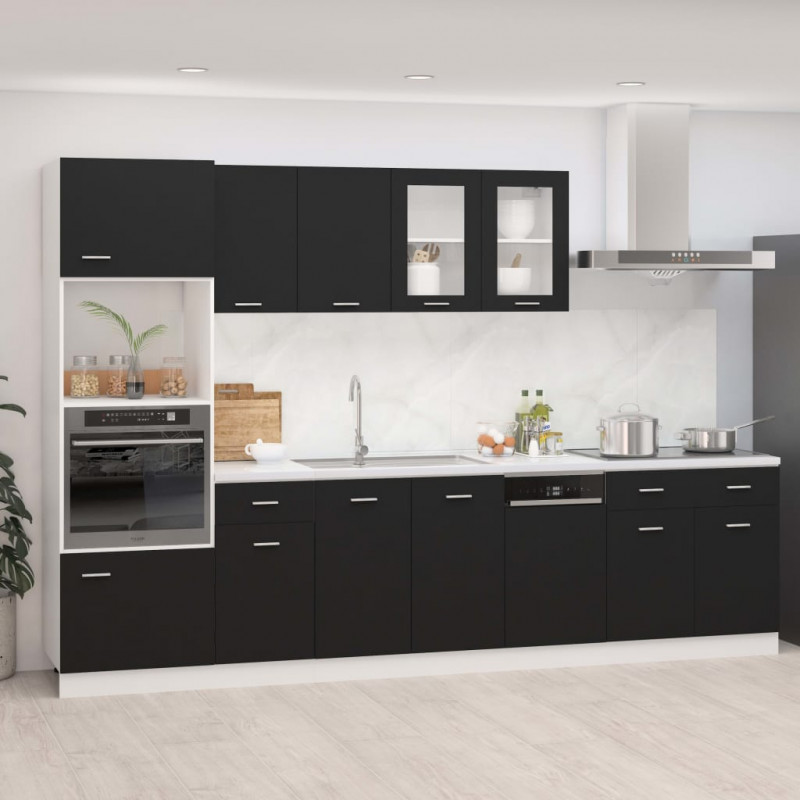 7-cz. zestaw szafek kuchennych, czarna, materiał drewnopochodny