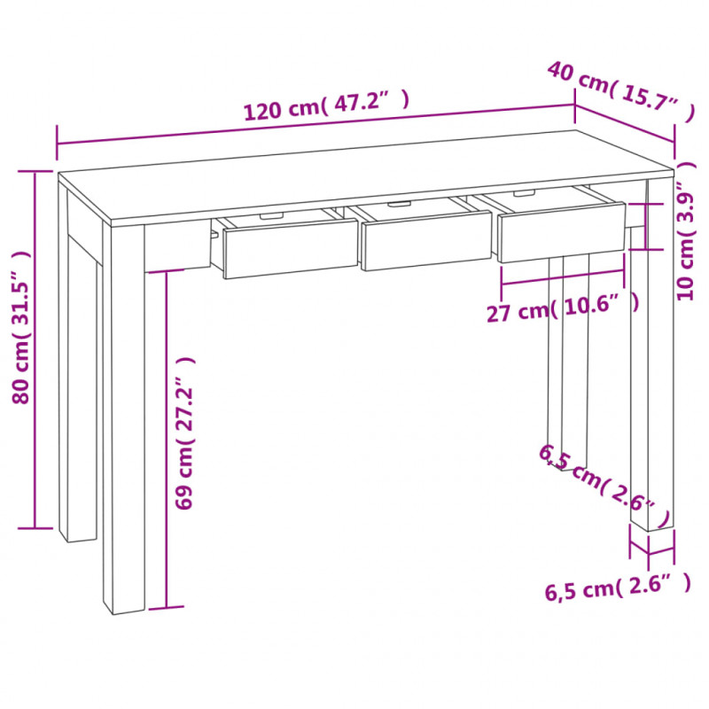 Stolik typu konsola z 3 szufladami, lite drewno sheesham, 80 cm