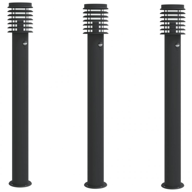 Lampy ogrodowe na słupku, z czujnikiem, 3 szt., czarne, 110 cm