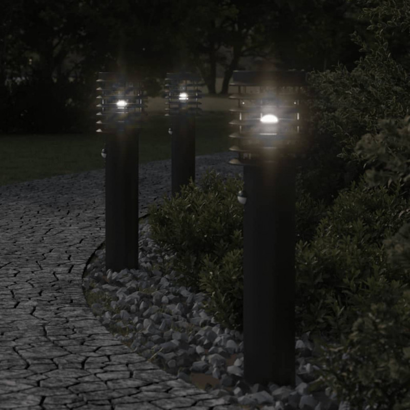 Lampy ogrodowe na słupku, z czujnikiem, 3 szt., czarne, 60 cm