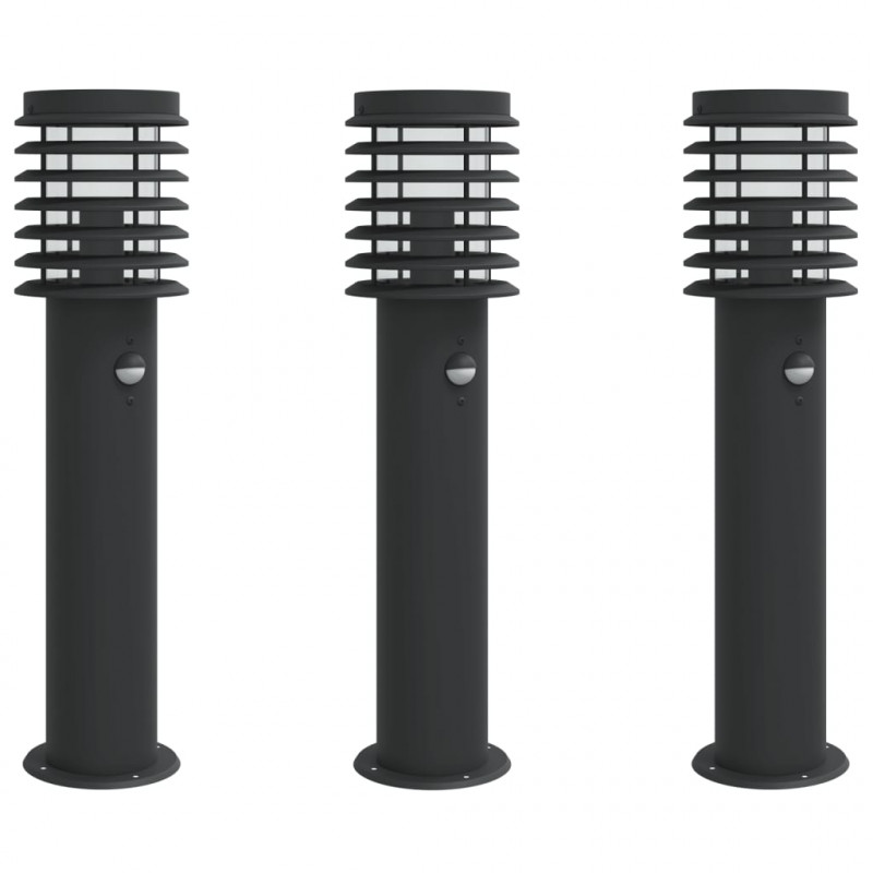 Lampy ogrodowe na słupku, z czujnikiem, 3 szt., czarne, 60 cm