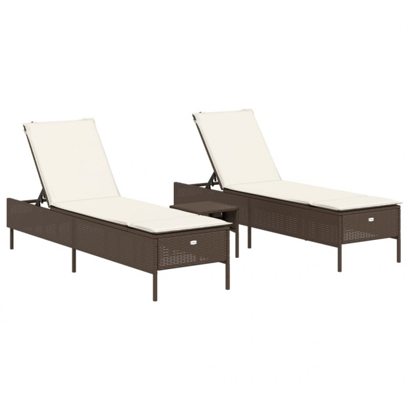 3-częściowy zestaw leżaków z poduszkami, brązowy polirattan