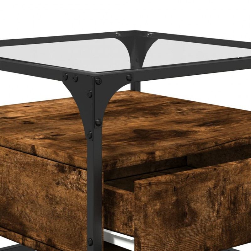 Stolik kawowy ze szklanym blatem, przydymiony dąb, 50x50x45 cm