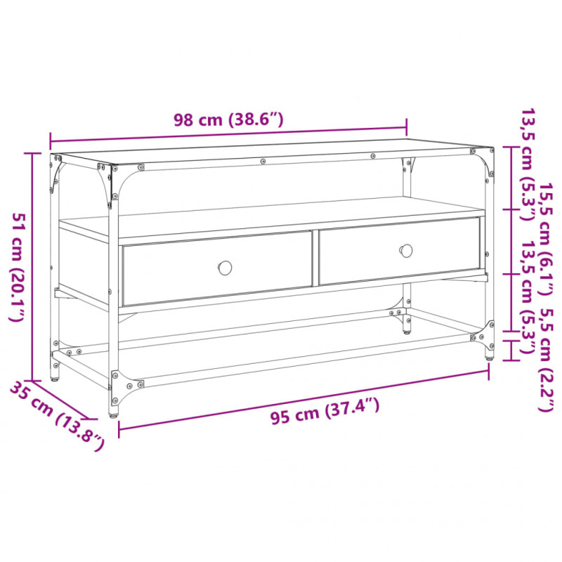 Szafka pod TV ze szklanym blatem, przydymiony dąb, 98x35x51 cm