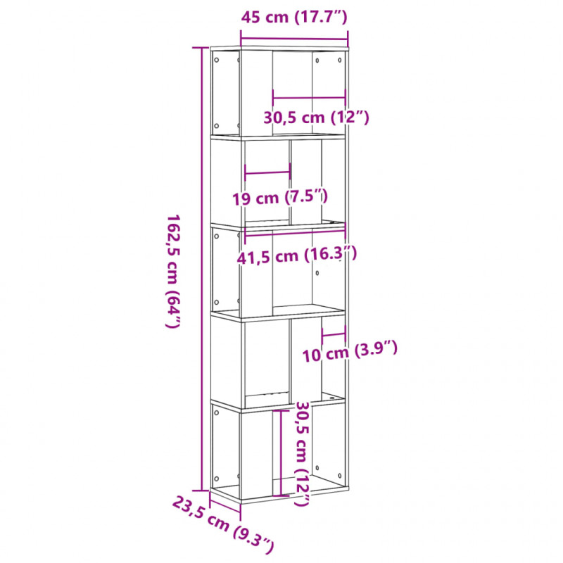 5-poziomowy regał na książki, brązowy dąb, 45x23,5x162,5 cm