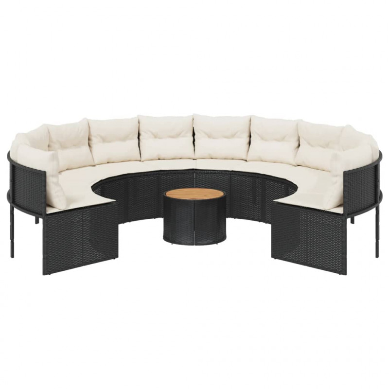 Sofa ogrodowa, stolik i poduszki, okrągła, czarny rattan PE