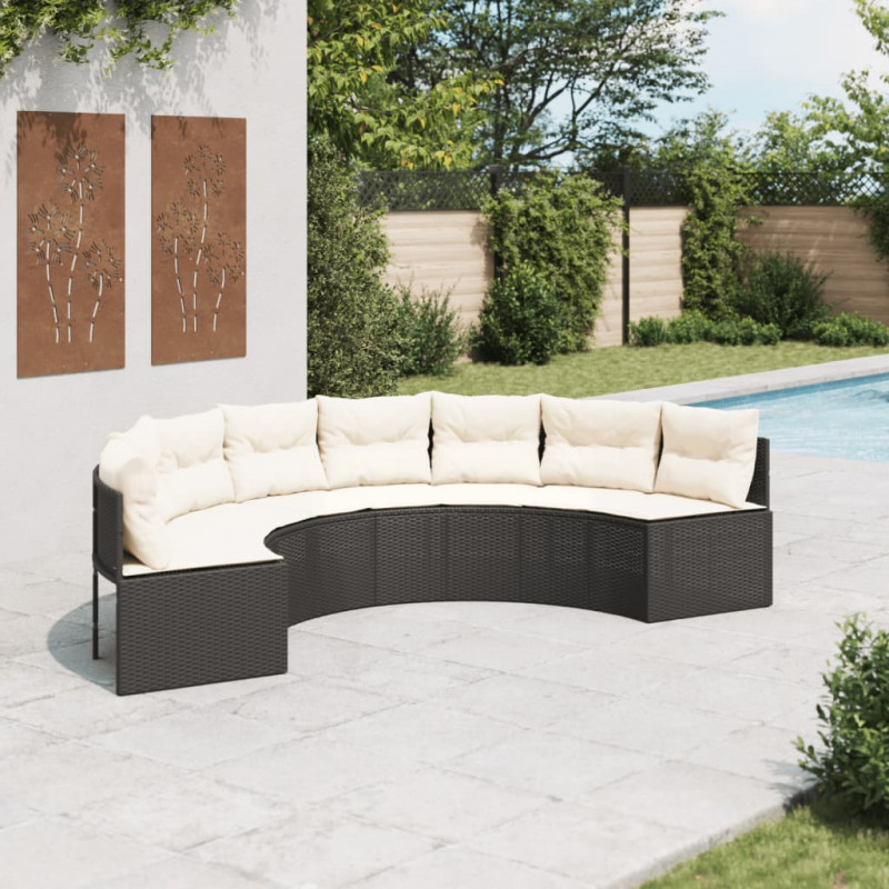 Sofa ogrodowa z poduszkami, półokrągła, czarny rattan PE