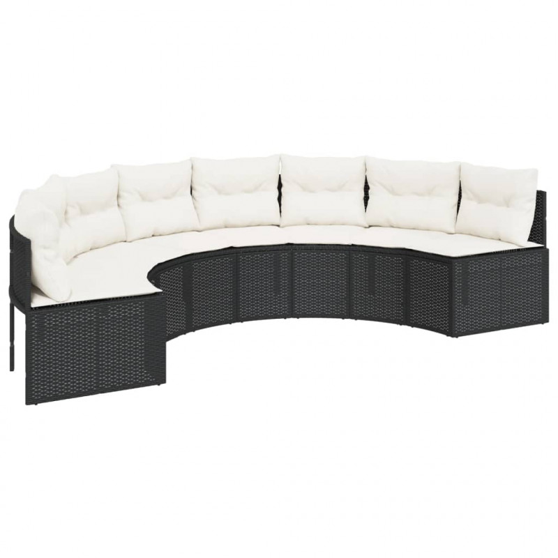 Sofa ogrodowa z poduszkami, półokrągła, czarny rattan PE