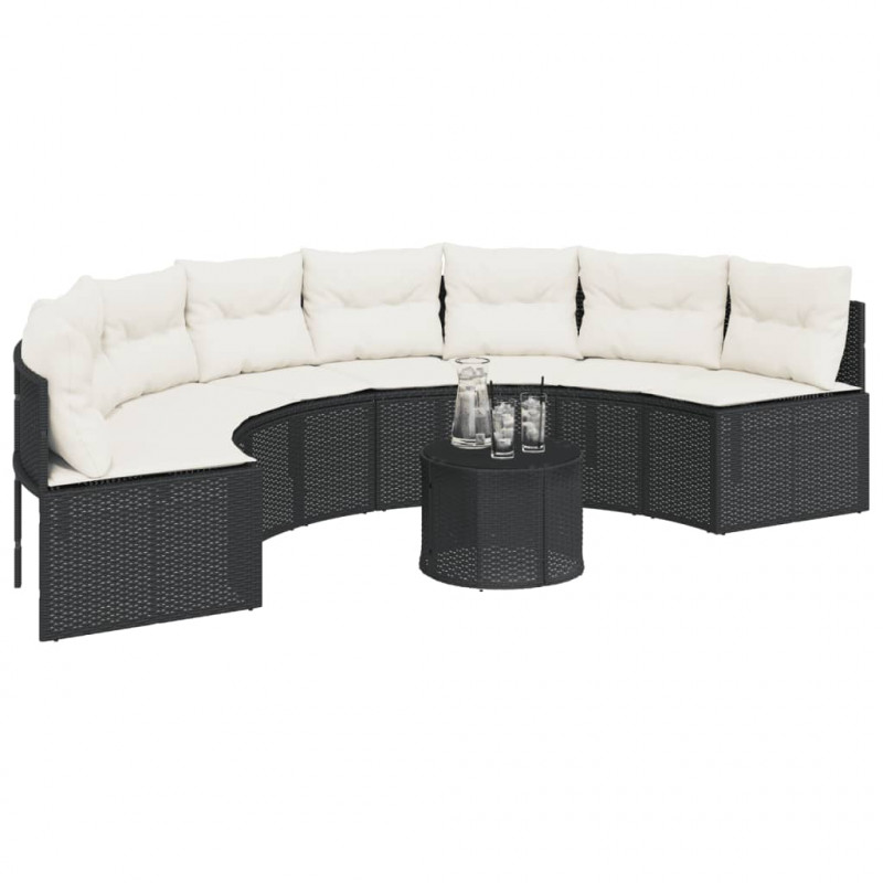 Sofa ogrodowa z poduszkami, półokrągła, czarny rattan PE