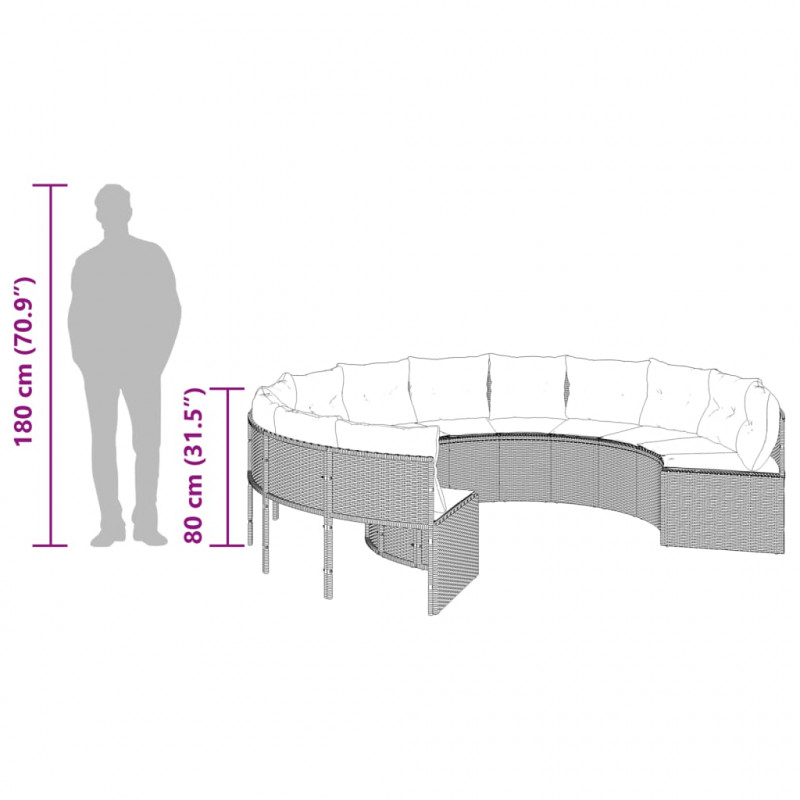 Sofa ogrodowa z poduszkami, okrągła, szary rattan PE