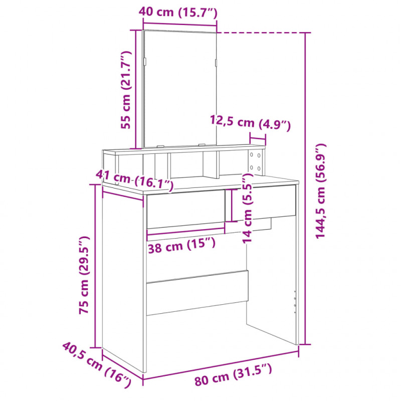 Toaletka z lustrem, czarna, 80x41x144,5 cm