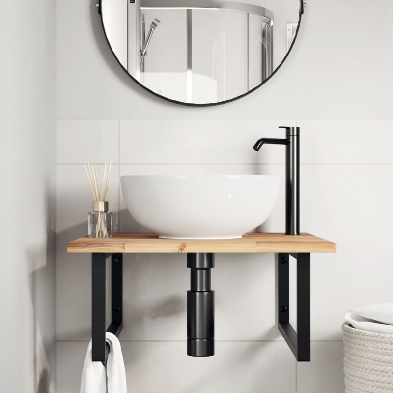 Półka ścienna pod umywalkę, stal i lite drewno akacjowe