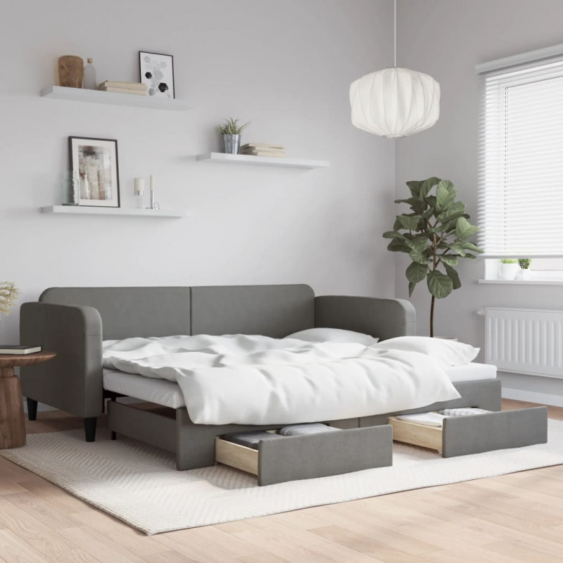 Sofa rozsuwana z szufladami, ciemnoszara, 90x190 cm, tkanina