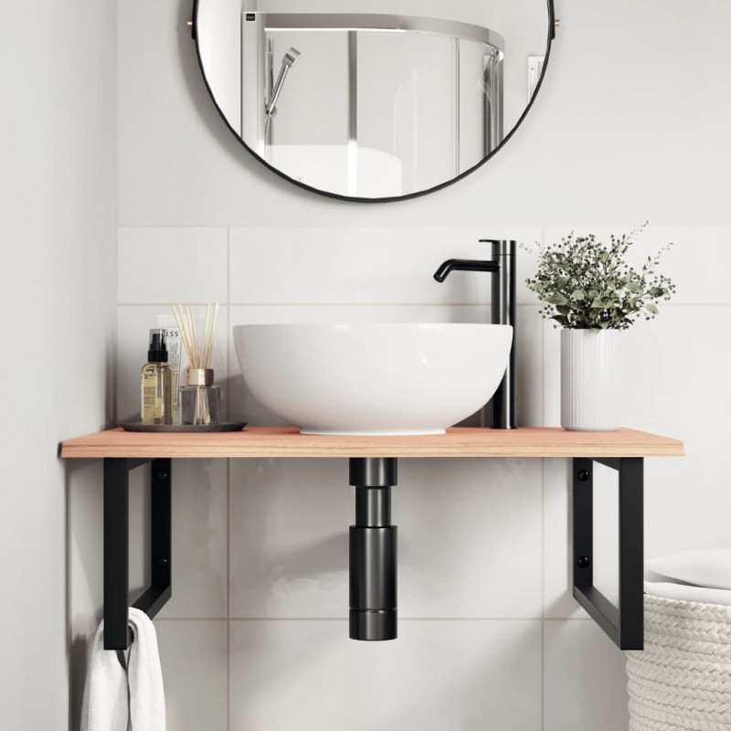 Półka ścienna pod umywalkę, stal i lite drewno dębowe