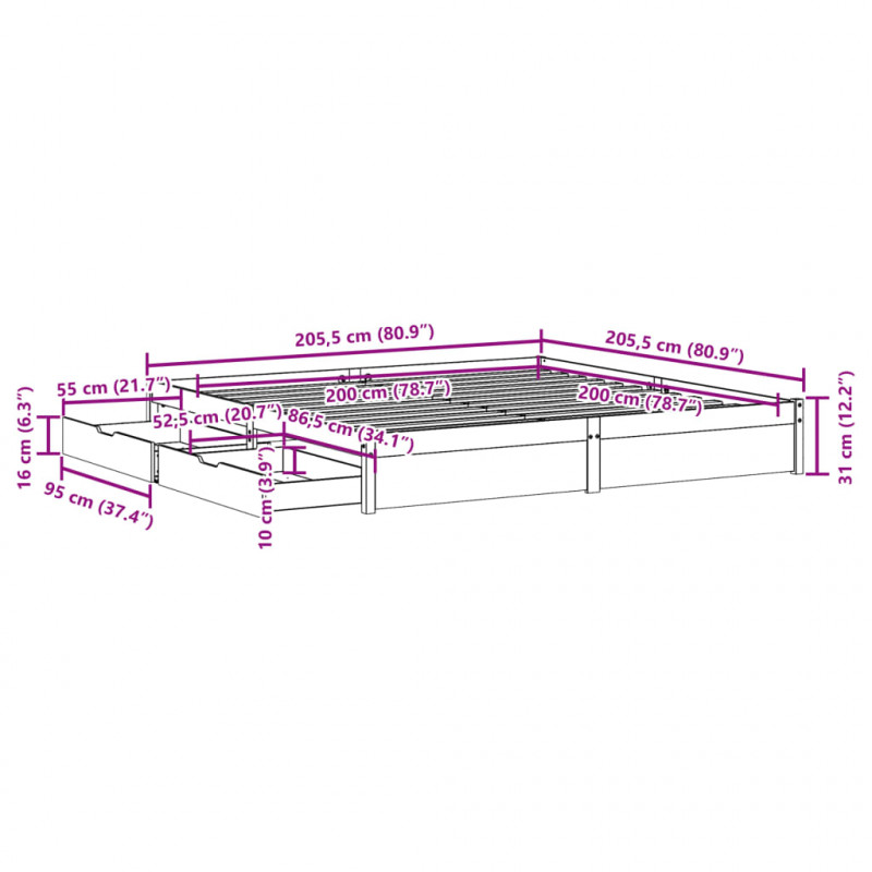 Łóżko bez materaca, białe, 200x200 cm, lite drewno sosnowe
